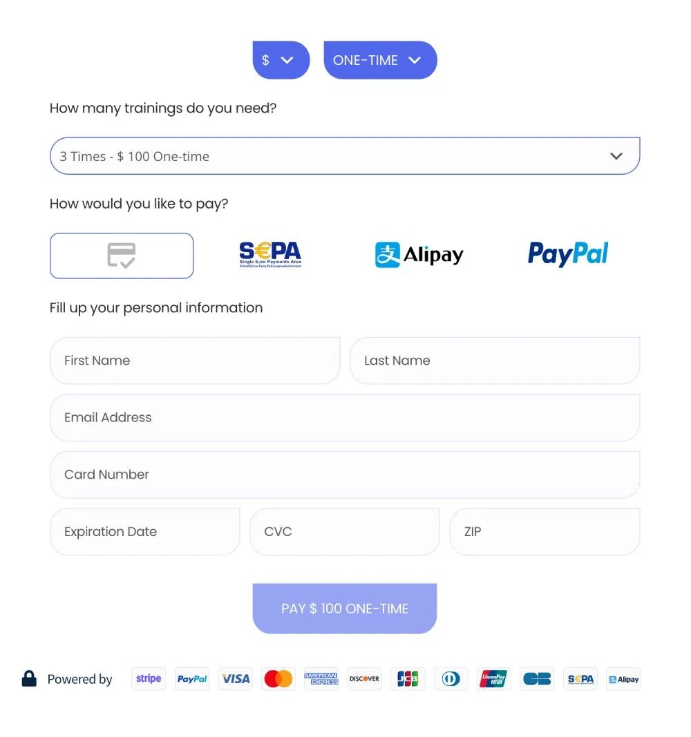 Published Payment Page form with card, SEPA, Alipay, and PayPal payment choices