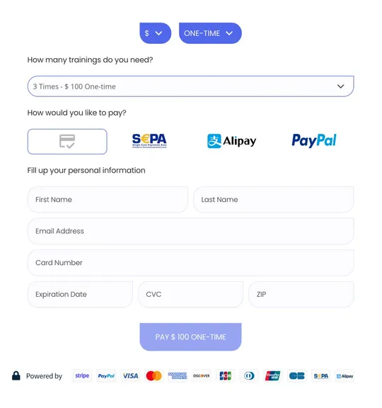 Payment Page checkout form with currency, one-time and recurring choices, and customer fields