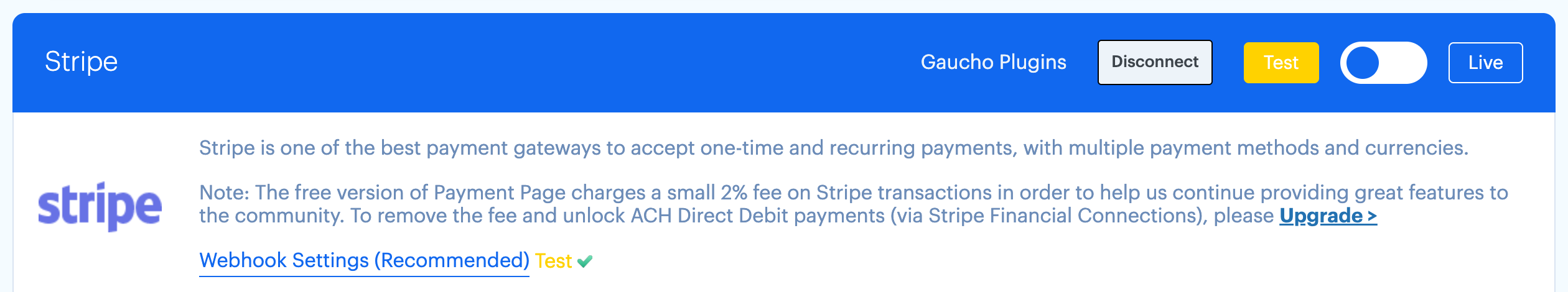 Connected Stripe settings with test and live mode controls in Payment Page