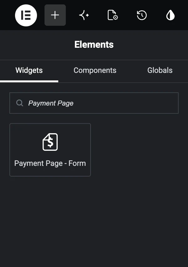Elementor widget selecting a Payment Page form