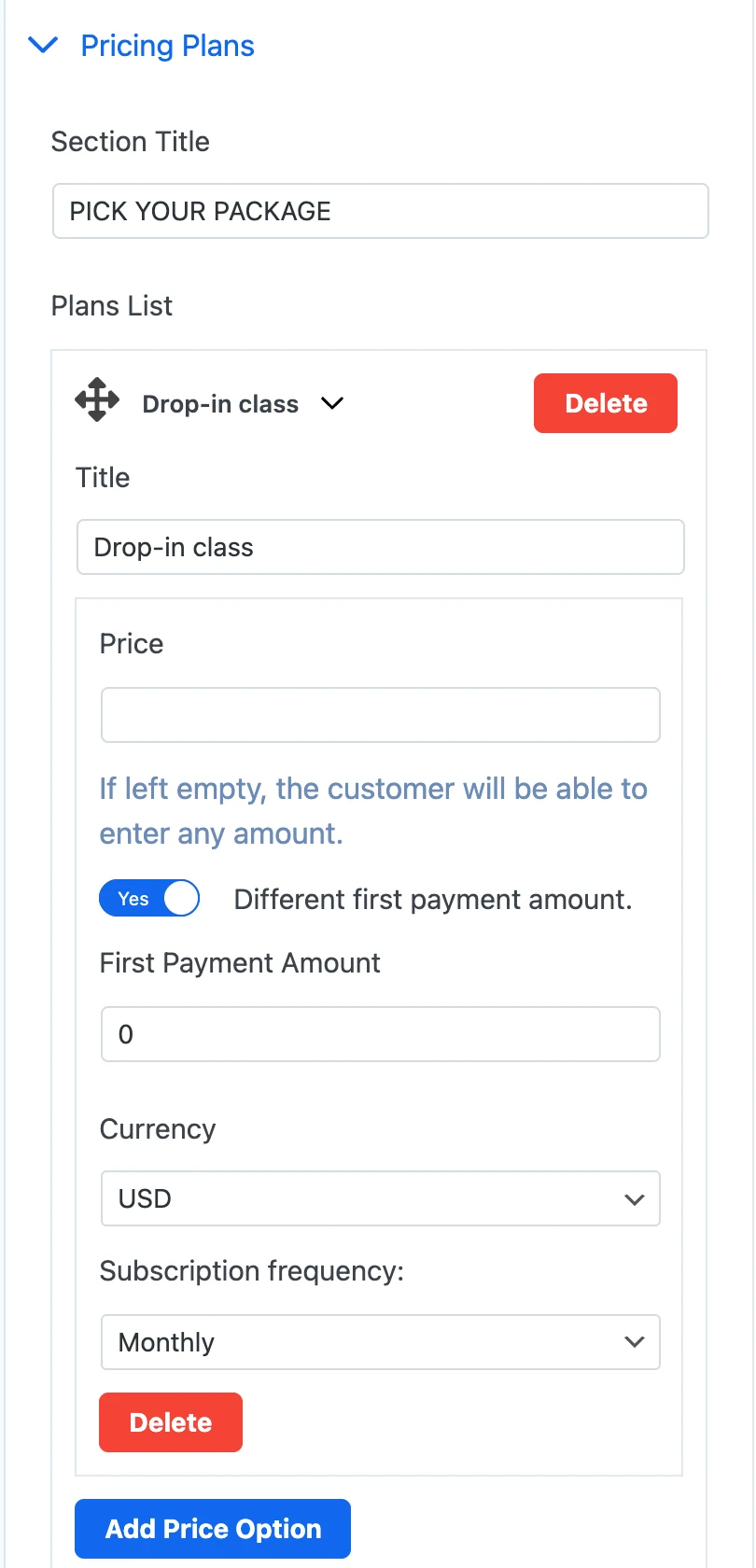 Recurring pricing controls with a different first payment amount enabled
